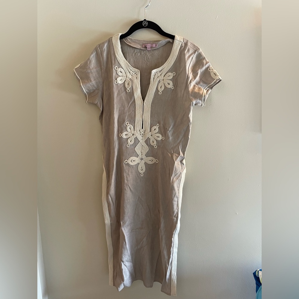 Calypso St. Barth Beige Linen Embroidered Swim Coverup with White Trim